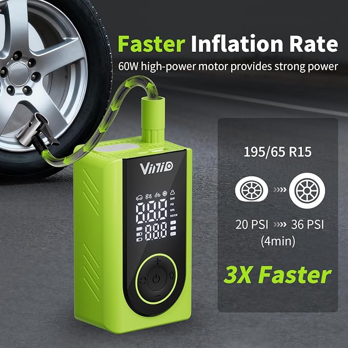 Tire Inflator Portable Air Compressor Cordless, LED Digital Display & Auto Shut-Off, 5 Modes, 150 PSI Air Pump for Car, Balls, Bike, Motorcycle, with Pressure Gauge & Accessories Included, Green