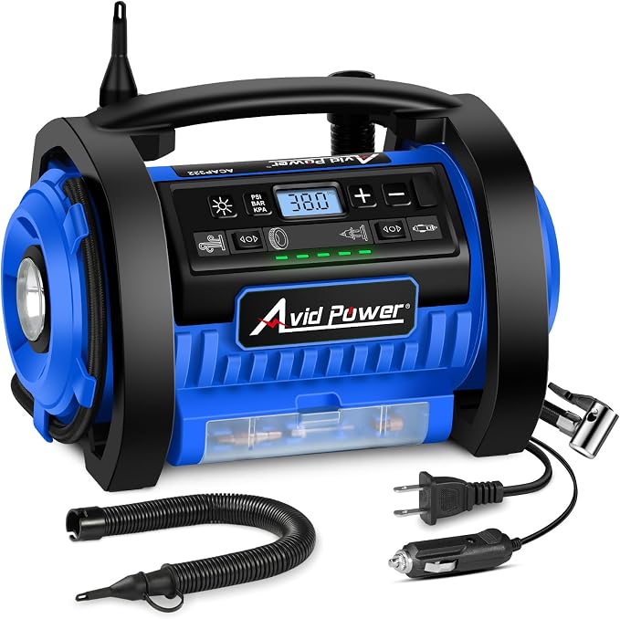 Tire Inflator Portable Air Compressor, 12V DC 110V AC Car Tire Pump, Air Mattress Pump with Inflation and Deflation Modes, Dual Powerful Motors, Digital Pressure Gauge