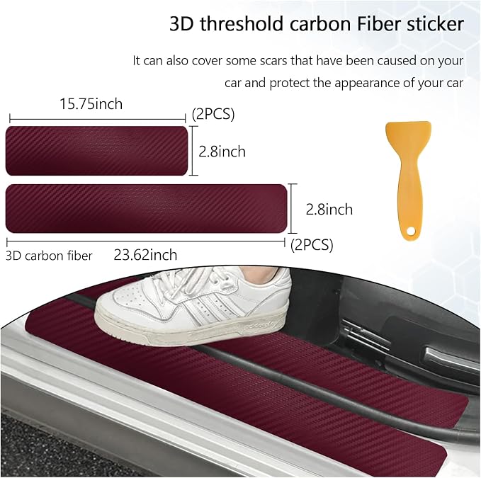 4 PCS Car Door Sill Protector, 3D Carbon Fiber Auto Door Entry Edge Guard Protection Trim, Anti-Scratch Threshold Cover Strips, Sill Protection Sticker for Car SUV Truck (Wine Red)