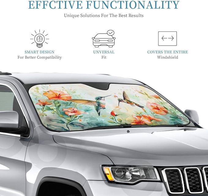 Windshield Sun Shade Hummingbird Flower Watercolor Front Window Sunshade Cover for Car Truck SUV Blocks UV Rays Automotive Visor Interior Protector 55 x 30 inch