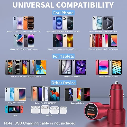 2 Pack USB C Car Charger,Dual USB A & USBC Car Charger Fast Charging,PD/QC Car Phone Charger USB C Cigarette Lighter Adapter for iPhone 17/16/15/14/13/12/11 Pro Max,iPad,Galaxy S26/25,Android and more