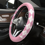Lattice Car Steering Wheel Cover Microfiber Leather Non-Slip Comfort Universal 15 inch Checkered Plaid Wheel Protector for Truck, SUV, Cars (Pure Pink)