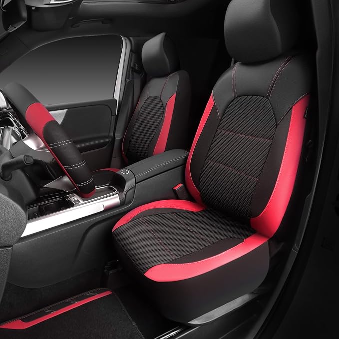 Air Mesh Leather Car Seat Covers for Front Seats, Waterproof Car Floor Mats, Sporty Steering Wheel Cover, Universal Fit for 95% Cars Truck SUV (Black and Red)