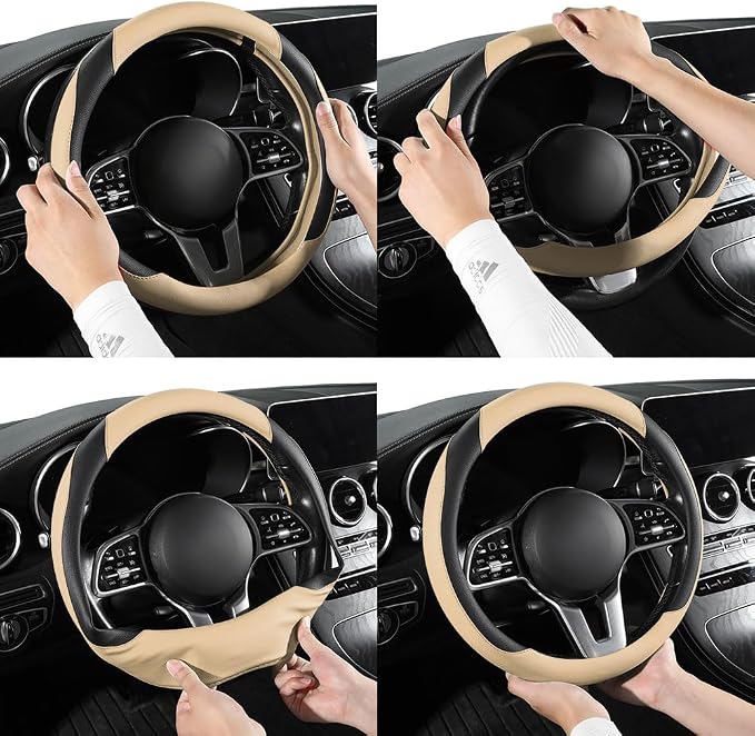 Car Steering Wheel Cover, Microfiber Leather Steering Wheel Cover Universal Fit 14.5-15 inch Anti-Slip Comfortable Breathable Car Wheel Protector for Men Women,Beige