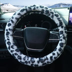 Plush Leopard Cheetah Steering Wheel Cover, 15 Inch Universal Fit, Soft Warm Winter Cover with Non-Slip Grip, Heat & Cold Protection Easy Install Fuzzy Cover for Car SUV Truck (Black White)