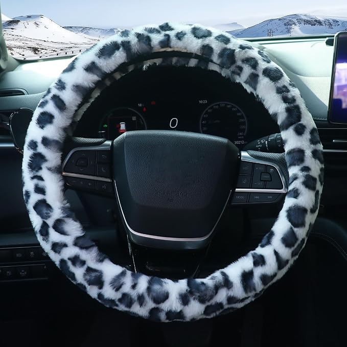 Plush Leopard Cheetah Steering Wheel Cover, 15 Inch Universal Fit, Soft Warm Winter Cover with Non-Slip Grip, Heat & Cold Protection Easy Install Fuzzy Cover for Car SUV Truck (Black White)