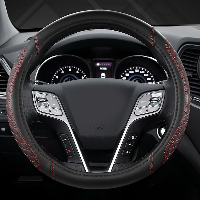 Customized Auto Car Steering Wheel Cover for Hyundai,Tucson,Sonata,Elantra,Santa Fe,Genesis,Sonata Hybrid,Azera,Venue,Kona, 14.5-15 inches(Diamond Quilted-Black+Red-Standard Size)