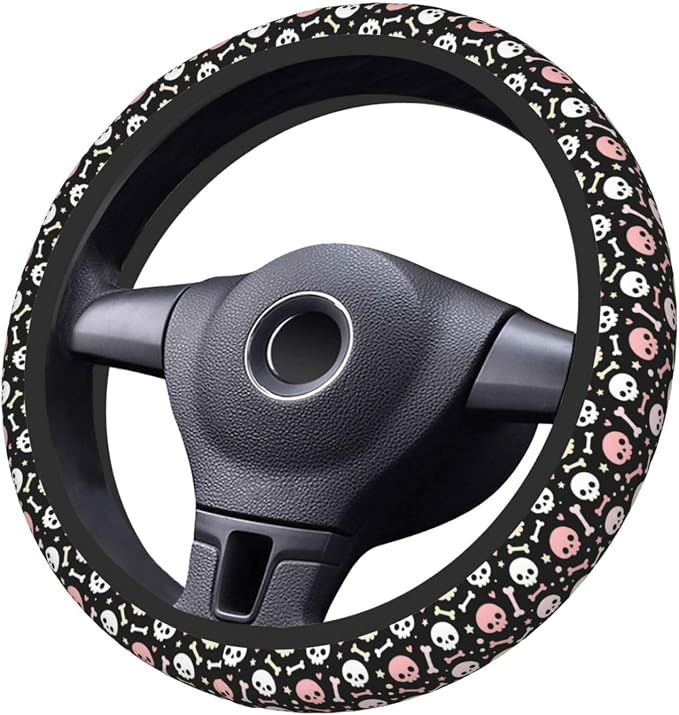 Universal 15 Inch Steering Wheel Cover, Pink & White Skull Pattern Non-Slip Neoprene Auto Car Wrap, Breathable & Durable Interior Protector for Most Vehicles, Cars, SUVs, and Trucks