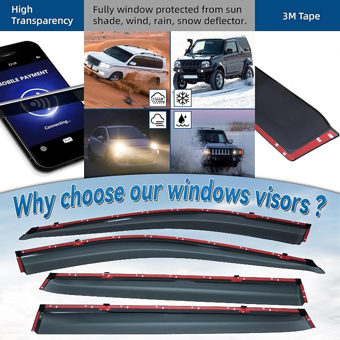 4pcs Smoke Tint with Chrome Trim Outside Mount Tape On/Clip On Style PVC Sun Rain Guard Vent Window Visors Compatible with for 14-20 X-Trail/Rogue
