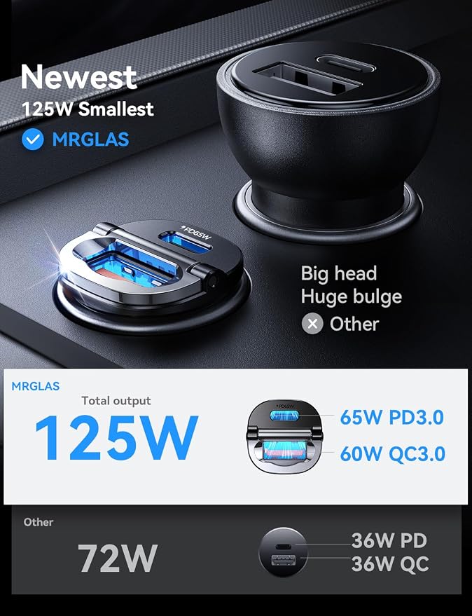 [2-Pack] 125W USB C Car Charger, Mini Metal USB C Car Adapter Fast Charging PD65W & QC60W Dual Port Type C Cigarette Lighter USB Charger for iPhone 17 16 15 14 Pro Max Air iPad Samsung MacBook