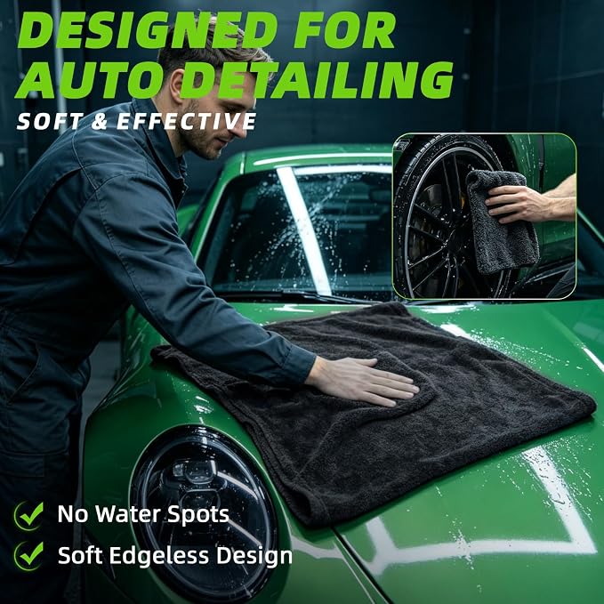 2+1 Pack Car Drying Towels – Microfiber Towels for Cars (36" x 24"), Ultra-Absorbent, Streak-Free, Scratch-Free, No Water Spots, Double-Twist Pile & Edgeless Design, Grey Green