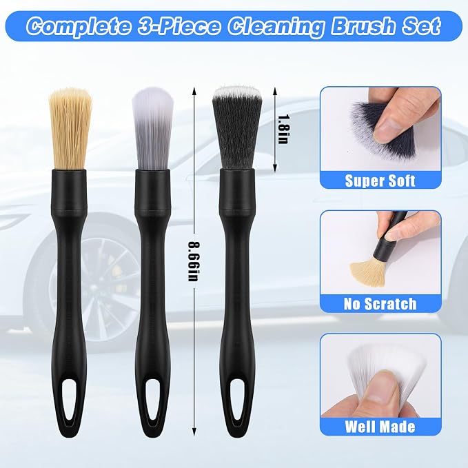 Car Interior Cleaning Kit - Windshield Cleaner Tool, 3 Graded Boar Brushes, Double Head AC Vent Shutter Brush, Towels, Duster, Car Interior Detailing Kit for RVs, Truck, Trailer