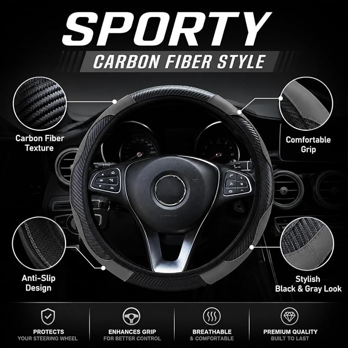 Car Steering Wheel Cover 15 inch, Microfiber PU Leather Elastic Steering Wheel Protector, Anti-Slip Breathable Car Interior Accessories for Most Cars (Grey)