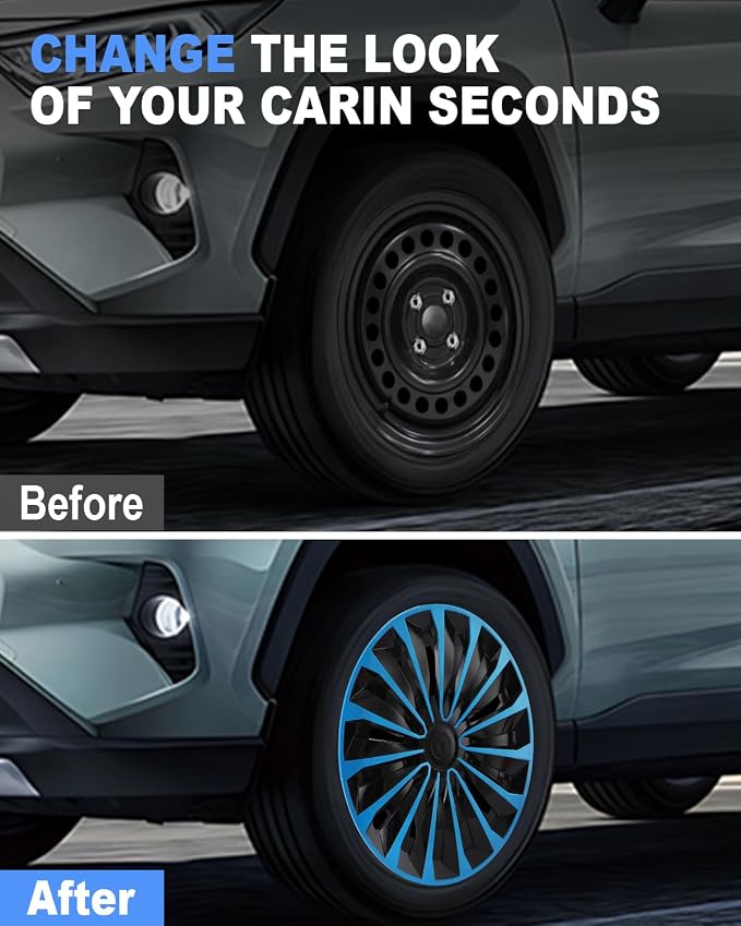 Hubcap Wheel Covers Hub Caps 15 Inch Set of 4 Black & Blue Universal Wheel Rim Cover R15 Stylish Car Decor Wheel Covers for Toyota Camry Nissan Mazda (TT Black & Blue, 15 inch)