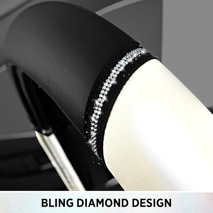 Leather Steering Wheel Cover - Made with PVC Leather - Anti-Slip, Universal Fit 14 1/2 inches to 15 inches - White