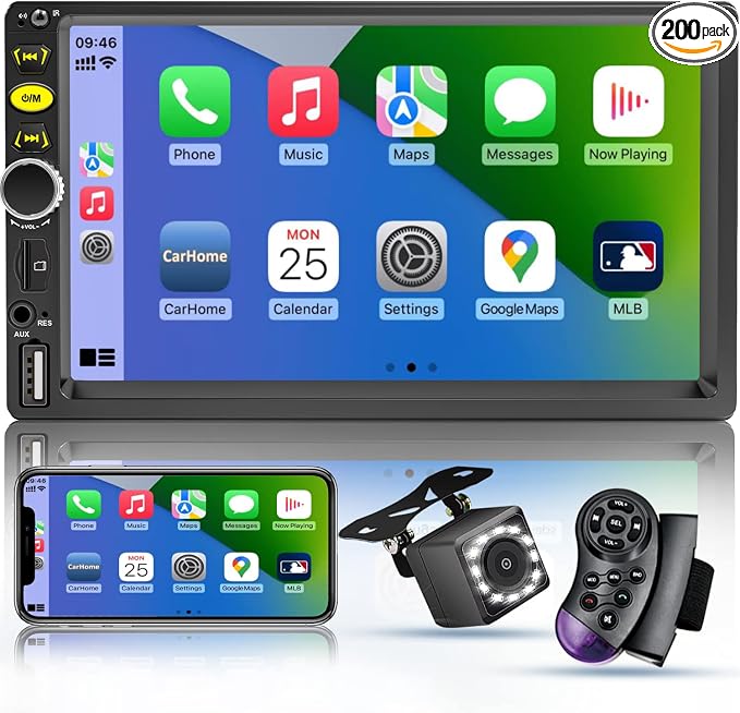 7 Double Din Touch Screen Car Radio with Apple CarPlay,7 Inch Bluetooth Car Stereo with Backup Camera, FM Steering Wheel Controls,Mirror Link Navigation,USB/TF/Subwoorf/240 watts