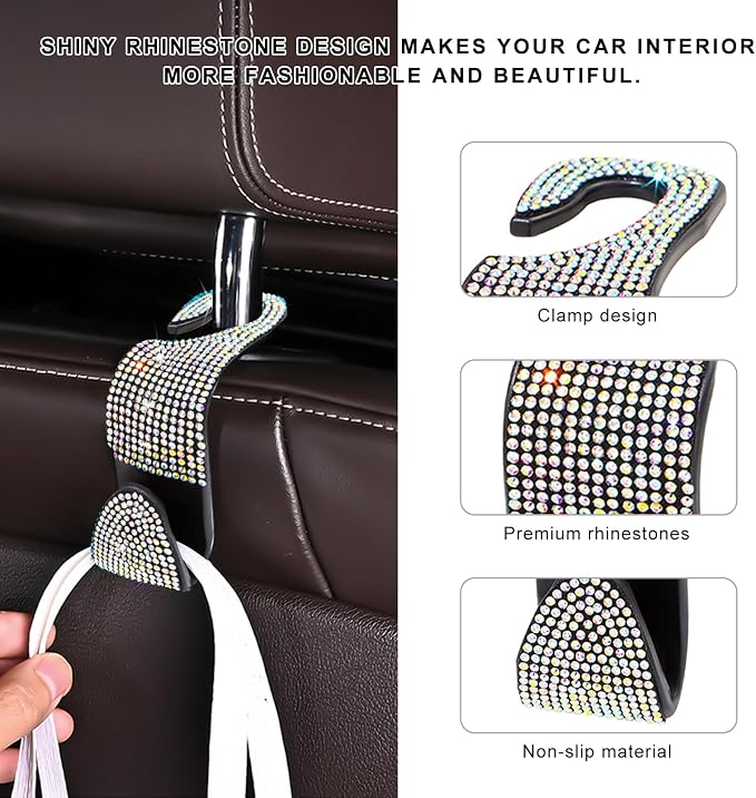 4 PCS Car Seat Headrest Hooks, Bling Crystal Rhinestone Back Seat Hanger Storage Organizer, Sparkly Seatback Holder Hooks for Purse and Bags Universal For Most Vehicles (Colorful)