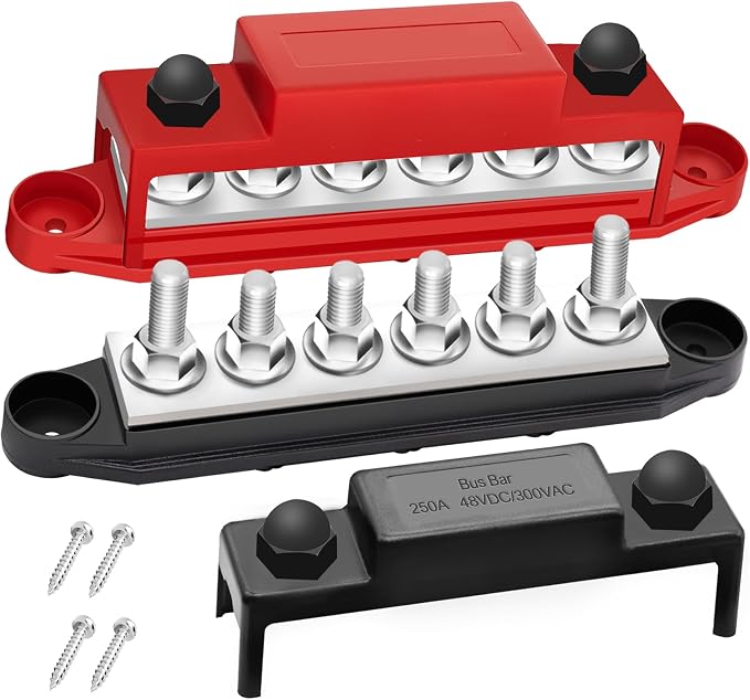 250A Bus Bar 12V Marine 1/4" Power Distribution Block Automotive Busbar Terminal Block,Battery Buss Bar (Pair, Red & Black) 6 x 1/4" Post Terminals