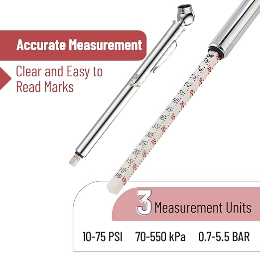 Pencil Tire Pressure Gauge, 2 Pack, 10-75 PSI, Stainless Steel Body | Metal Made Nozzle, Rust and Corrosion Resistant, Pencil Air Pressure Gauge for Tires, 3 Measurements for Cars, Bikes