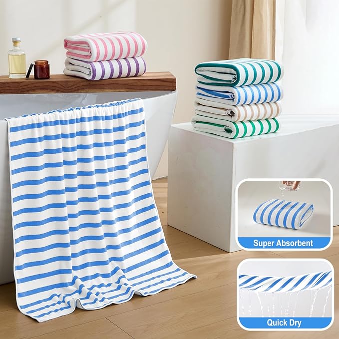 Microfiber Beach Towels, 4 Pack, 30" x 60", Cabana Stripe, Soft, Absorbent, Quick Dry Large Bath Towel Set for Adult, Travel, Summer Pool Party, Sport, Swimming, Yoga, Camping, StripeBlue