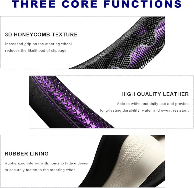 D-Shaped Steering Wheel Cover, Leather Car Wheel Protector with 3D Honeycomb Anti-Slip Design, Universal Breathable Comfy Cover Fits 14.5-15 Inch Steering Wheels, Car Accessories (Purple)