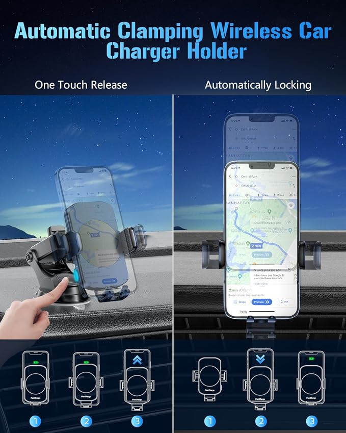 3-in-1 Wireless Car Charger Mount, 15W Fast Charging Auto-Clamping Phone Holder for iPhone 17 16 15 14, Samsung Galaxy S24 S23, Dashboard, Vent & Windshield Car Mount(Deep Blue)
