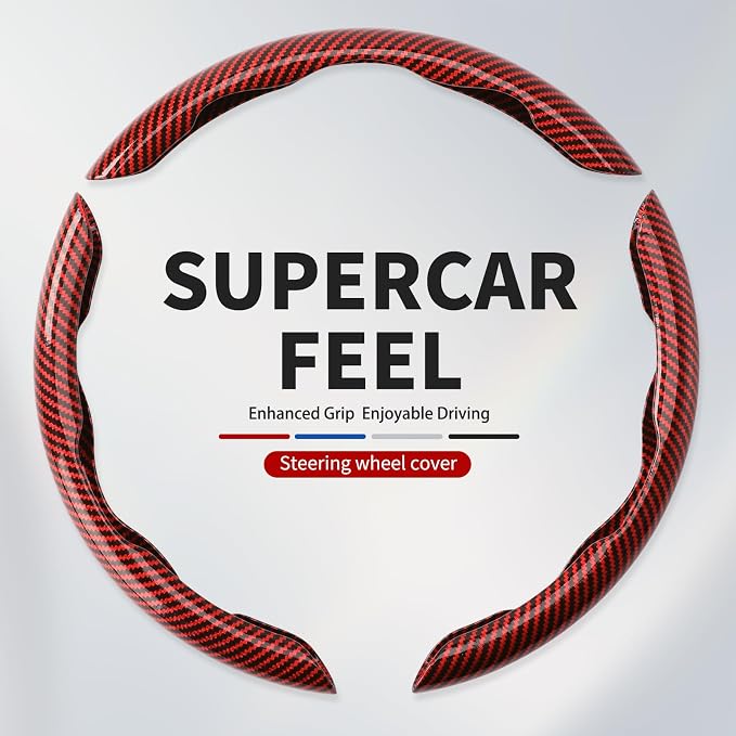 Universal Steering Wheel Cover,Carbon Fiber,3pcs Set(red) | Clip-On Segmented Fit;Carbon Fiber Look;Fits Most 14-16 in Round or D-Shaped Wheels;Easy Wipe Clean;Non Slip;4 Colors