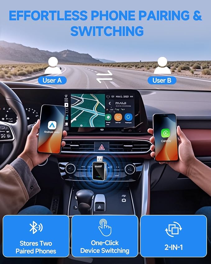 𝟐𝟎𝟐𝟔 𝐔𝐩𝐠𝐫𝐚𝐝𝐞𝐝 Android Auto & CarPlay Wireless Adapter, One Click Multi Device Switching, Ultra-Fast 5.8GHz WiFi, Bluetooth 6, Plug & Play USB-A/C for 2016+ Car Models