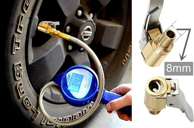 2Pack 8mm Tire Air Chuck with Clip Adapter, No Leakage Tire Chucks for Vehicle Inflator Compressor Pump Connect Accessories Tool, Brass Locking Tire Inflator Nozzle Adapter Connect 8mm
