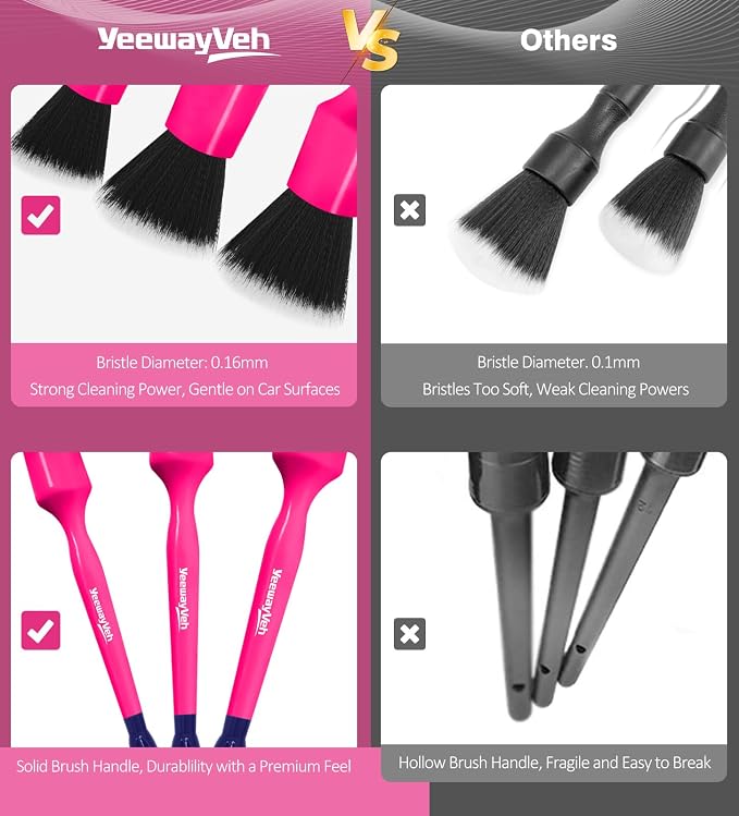 6PCS Car Detailing Brush Set, 3pcs Boars Hair Detailing Brushes, 3pcs Ultra Soft Detail Brush for Leather Seat Air Vents Engine Bay, Detail Brushes Car Detailing for Interior Exterior, Pink