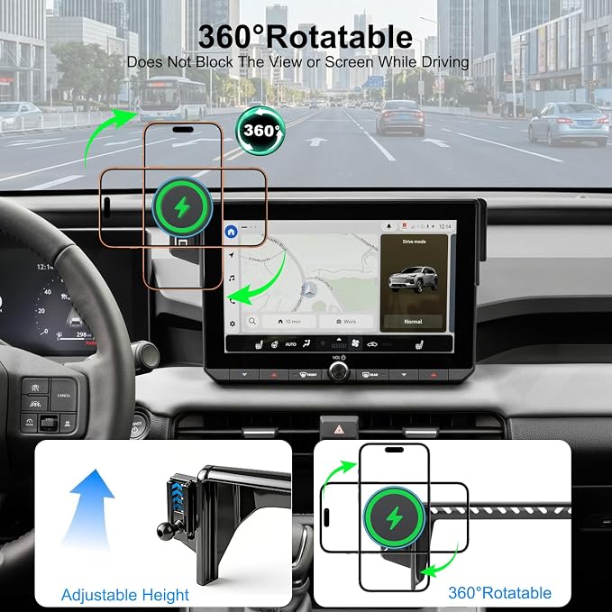 15W Fast Wireless Charger Car Phone Holder for 2026 Toyota RAV4 10.5-inch Touchscreen (LE/SE/XLE Premium/Woodland), 360° Rotation Phone Mount Compatible with MagSafe, 2026 Toyota RAV4 Accessories
