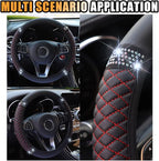 15 Inch Bling Soft Leather Car Steering Wheel Cover, Black Red | Colorful Rhinestones Design, Auto Elastic Protector for Women Girls, Crystal Diamond Car Accessories for Most Cars, SUVs