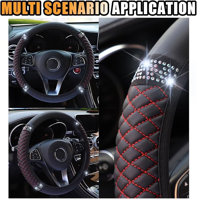 15 Inch Bling Soft Leather Car Steering Wheel Cover, Black Red | Colorful Rhinestones Design, Auto Elastic Protector for Women Girls, Crystal Diamond Car Accessories for Most Cars, SUVs