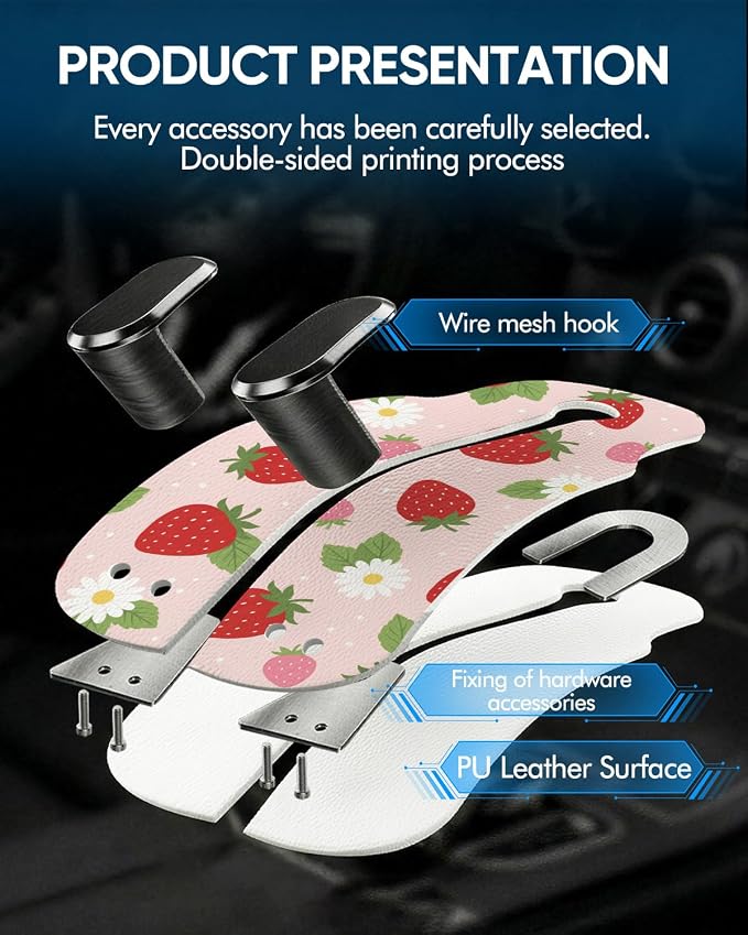 Purse Holder for Car, 2 Pack Heavy Duty Purse Hanger for Car, PU Leather Car Seat Hooks for Purses and Bags, Cute Strawberry Headrest Organizer for Handbags & Backpacks