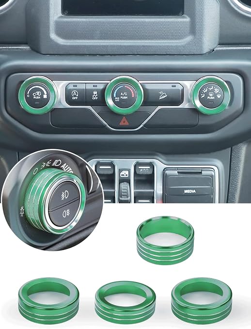 HVAC Climate Control Panel Knob Trim Kit & Light Control Switch Cover, Air Conditioner Knob Aluminum Alloy Ring for 2018-2024 Jeep Wrangler JL JLU & Gladiator JT, Interior Accessories, Green