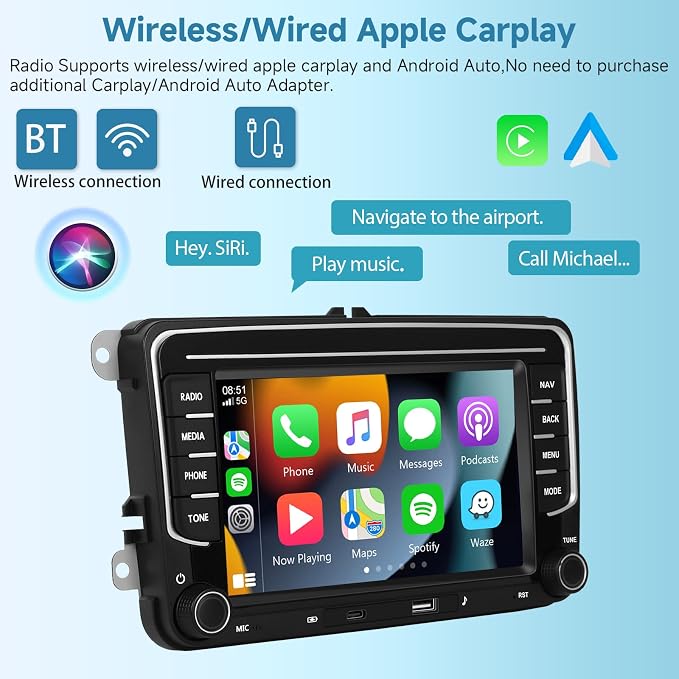 [Type-C+USB] 4G+64G Car Radio for VW Jetta Seat Passat Tiguan Golf Skoda with Wireless Carplay/Android Auto, 7 Inch IPS Touch Screen Car Stereo with Android 13 DSP Audio GPS WiFi Bluetooth