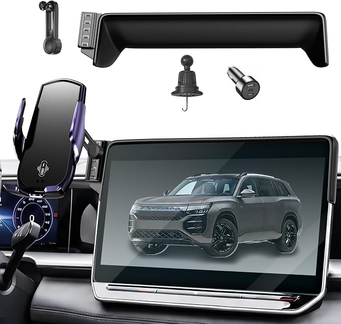 Car Phone Mount for 2024–2026 Volkswagen Atlas/Atlas Cross Sport, Smart Auto-Clamping on 12" Touchscreen, 15W Wireless Fast Charging, 360° Adjustable, Without Blocking Airflow