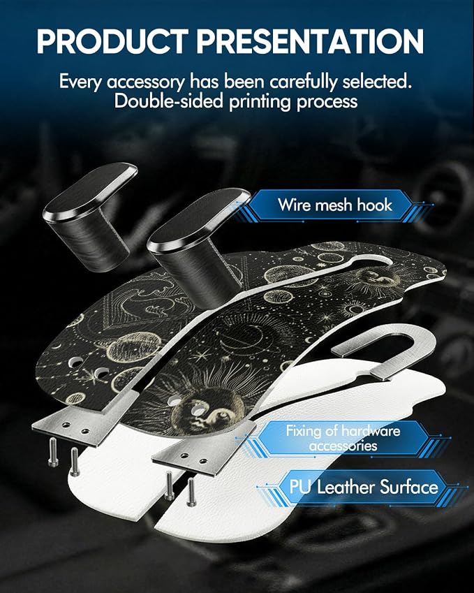 Purse Holder for Car, 2 Pack Heavy Duty Purse Hanger for Car, PU Leather Car Seat Hooks for Purses and Bags, Cute Moon Headrest Organizer for Handbags & Backpacks