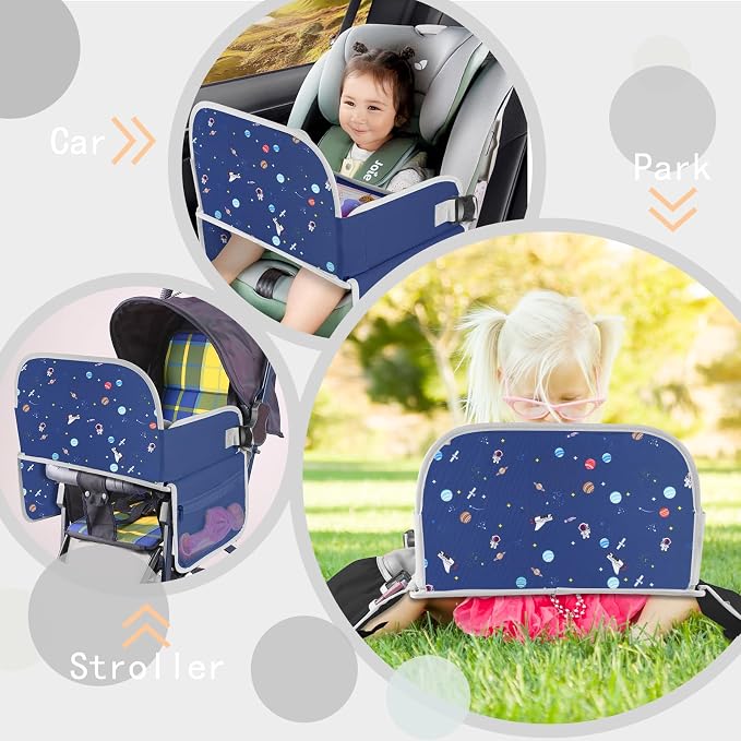 Car Seat Tray for Kids, Essential for Car Travel & Airplane Trips | Toddler Gift with Educational Drawing Board, Tablet Holder, Cooler Cup Holder & Storage Pocket, Space Pattern, Dark Blue