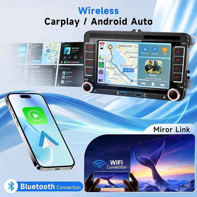 4G+64G Android Car Stereo for VW Jetta Passat Golf Beetle Polo Caddy Tiguan Touran SEAT Skoda,7 Inch Touchscreen with Wireless Carplay Android Auto GPS WiFi Bluetooth FM/RDS DSP Canbus Camera