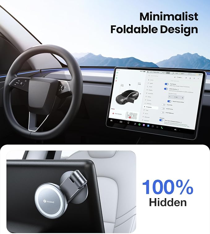 Tesla Phone Mount【Strongest Magnet Power】 Foldable Hidden Tesla Phone Holder Fit for All Phones, Tesla Model 3/Y/Cybertruck Accessories, Tesla Model 3 Model Y for MagSafe Car Mount-Quicksilver