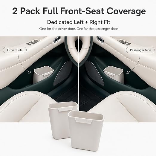 2 Pack Car Trash Can for Door Pocket Reinforced Silicone Auto Garbage Bin with Stay-Open Rim, Waterproof Car Waste Container, Left & Right Door Organizer, Fits Most Standard Door Pockets, White