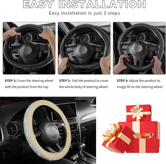 Steering Wheel Cover, Bling Crystal Rhinestones Auto Wheel Protector, Sparkly Cover Universal Fit Diverse 14.5-15 inch Steering Wheel, Interior Decor Car Accessories (White+Beige)