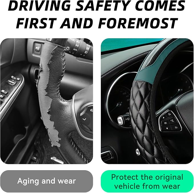Car Steering Wheel Cover, 14.5-15inch Leather Anti-Slip Car Wheel Cover Protector, Safety Comfortable Desgin, Universal Auto Steering Wheels Accessories for Cars Truck SUV (Dark Green)