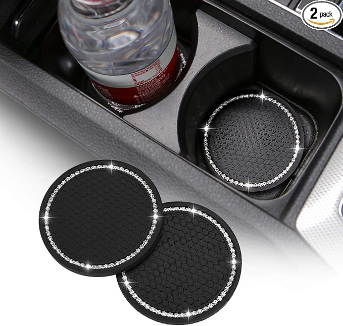 2 Pack Bling Car Cup Holder Insert Coasters, 2.75 Inch Soft Crystal Rhinestone Rubber Pad Set Round Auto Drink Coaster Car Interior Accessories (Black)