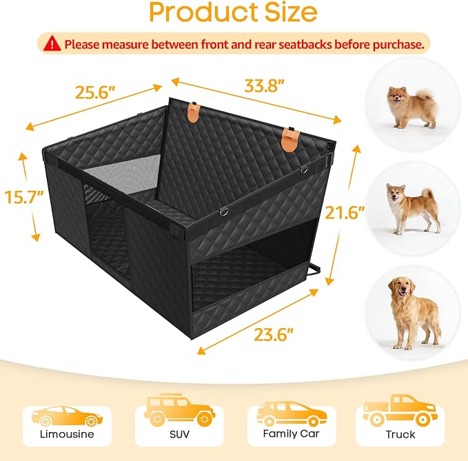 Large Dog Car Seat, Back Seat Extender for Dogs with 3 Mesh Windows, Waterproof Medium Carseat for Dogs with Hard Bottom, Pet Seat Cover for Cars, Trucks and SUVs