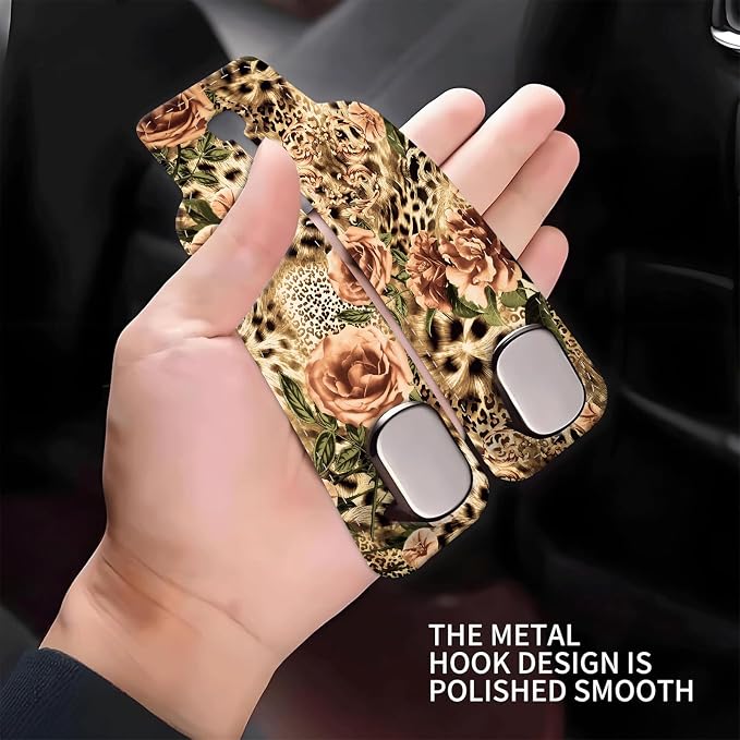 Car Seat Headrest Hook, Universal Leather Cute Hanger Holder Hook, Storage Organizer Interior Accessories for Purse Bags Handbag Luxury Leopard Rose