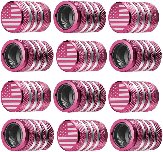 Tire Valve Stem Cap Cover - (12 Pack) Tire Air Cap Metal with Plastic Liner Corrosion Resistant Leak-Proof American Flag for Car Truck Motorcycle Bike Pink