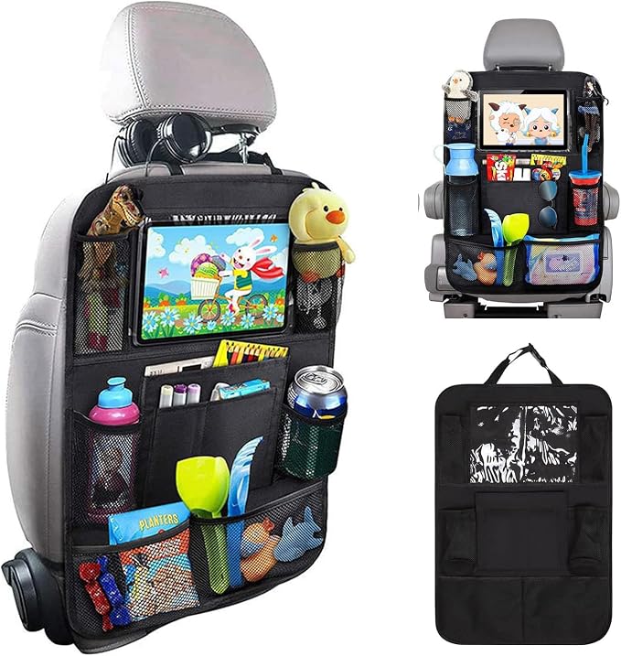 Car Organizer Back Seat with 9 Storage Pockets & 10″ Tablet Holder, 1Pack Seat Back Cover for Kids Toddlers, Kick Mats Protector, Keep Cars Vehicles Organized & Tidy, Travel Accessories