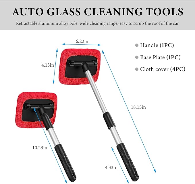 Car Windshield Cleaner Tool, Detachable Car Window Cleaner with Aluminum Extendable Handle & 2 Reusable Cloth Pads, Washable Vehicle Windshield Cleaning Wand for Exterior (Red)